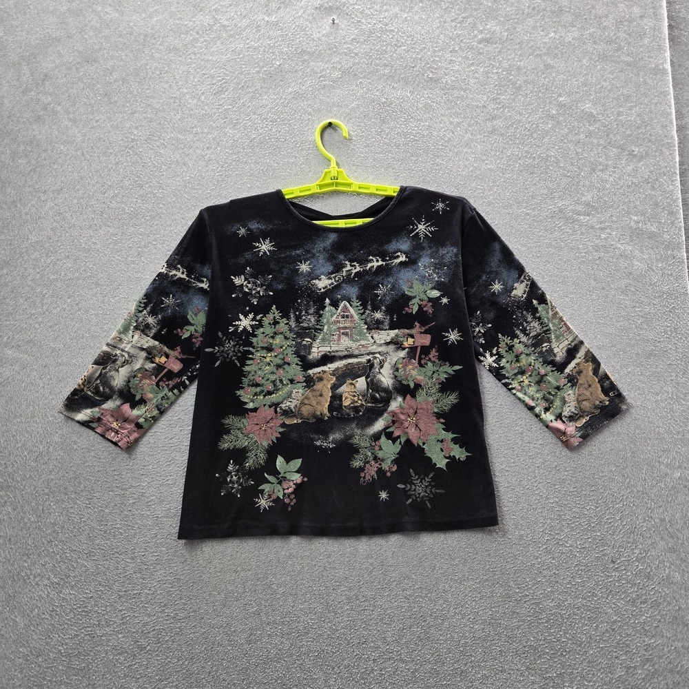 Jess & Jane Women Shirt L Black Graphic Snow‎ Story Print Christmas Y2K Grunge